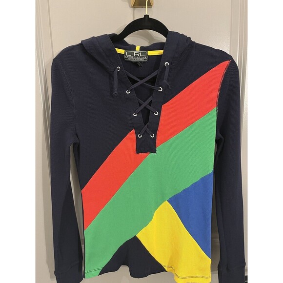 Ralph Lauren Active Womens Waffle Knit Yellow Green Navy Red Preppy Hoodie Small - Picture 3 of 10